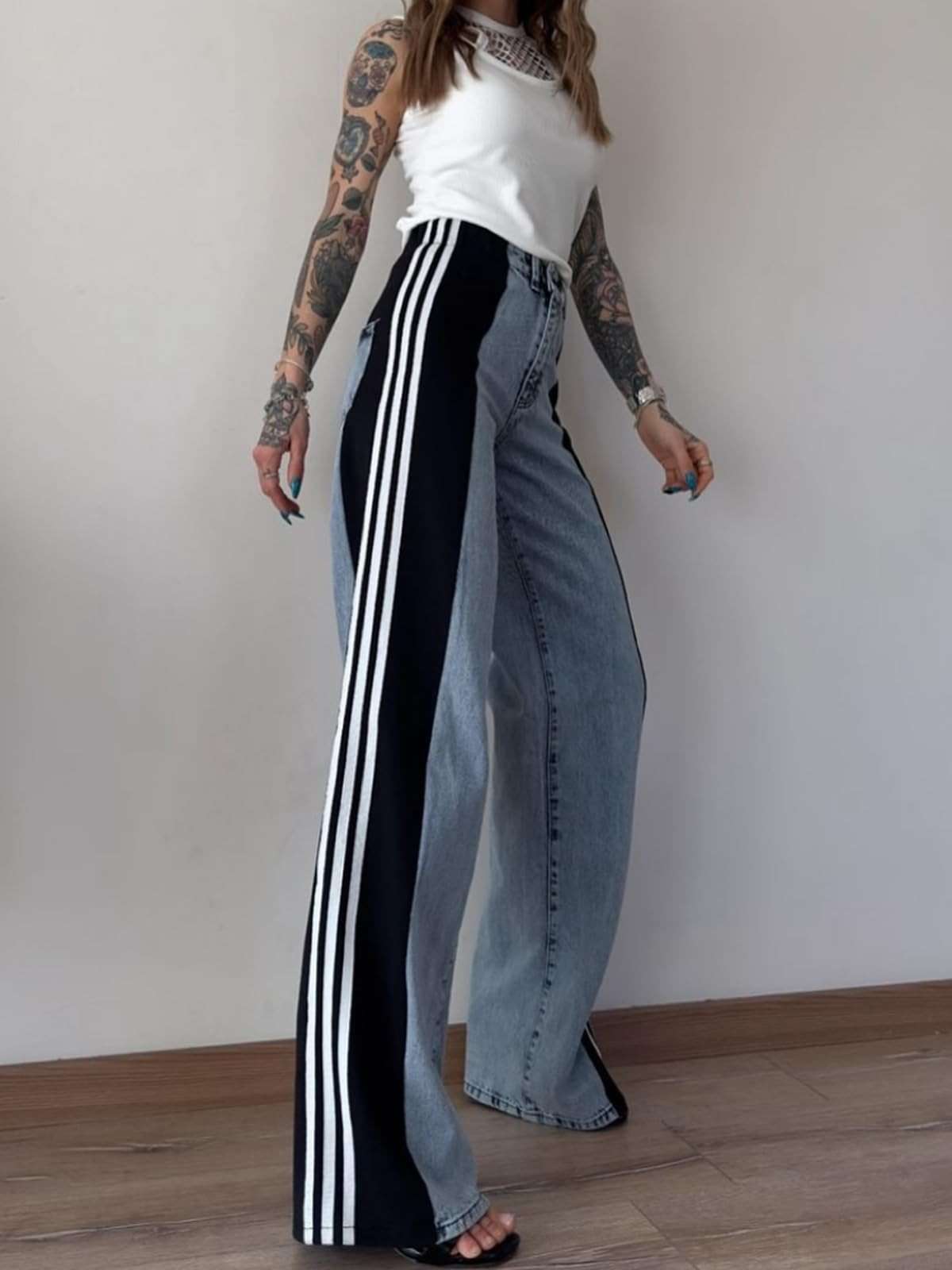 Angsuttc Womens Jeans with Patchwork Stripes High Waisted Stretchy Denim Color Block Straight Wide Leg Trendy Jean - Image 5