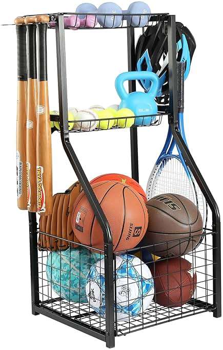 YueTong Sports Equipment Organizer for Garage Organization,Ball Storage With Basketball Holder and Ball Cart Rack,Outdoor Toy Storage with Bin for Nerf Gun,Football,Volleyball Stuf,Gym Accessories - Image 1