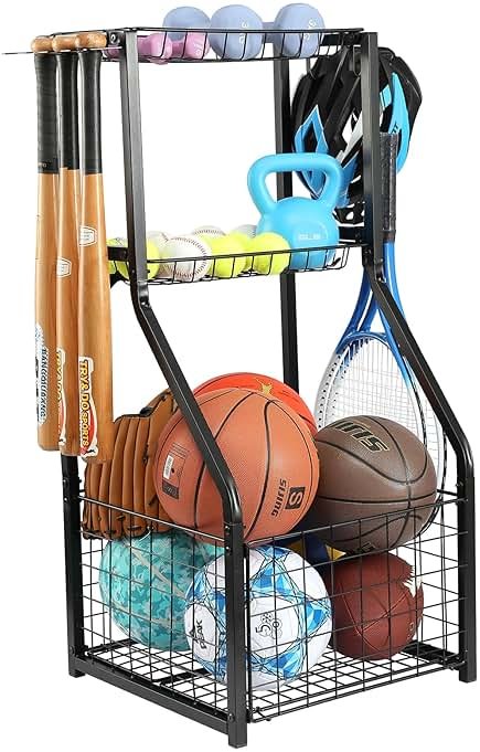 YueTong Sports Equipment Organizer for Garage Organization,Ball Storage With Basketball Holder and Ball Cart Rack,Outdoor Toy Storage with Bin for Nerf Gun,Football,Volleyball Stuf,Gym Accessories - Product Image