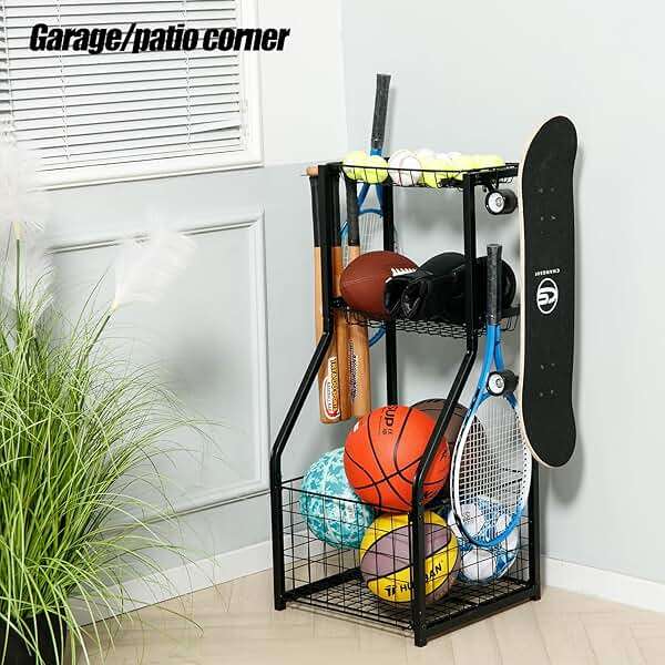 YueTong Sports Equipment Organizer for Garage Organization,Ball Storage With Basketball Holder and Ball Cart Rack,Outdoor Toy Storage with Bin for Nerf Gun,Football,Volleyball Stuf,Gym Accessories - Image 4