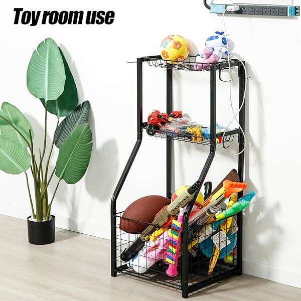YueTong Sports Equipment Organizer for Garage Organization,Ball Storage With Basketball Holder and Ball Cart Rack,Outdoor Toy Storage with Bin for Nerf Gun,Football,Volleyball Stuf,Gym Accessories - Image 5