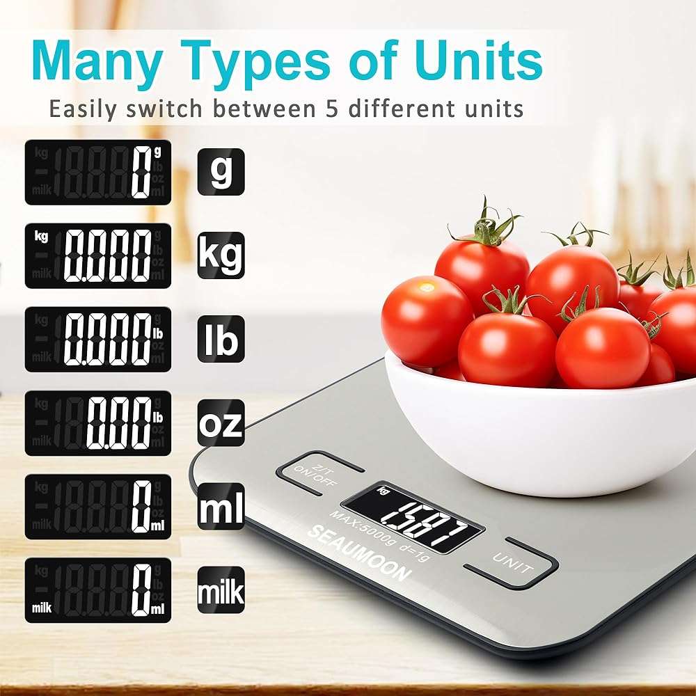 Food Scale Kitchen-Scale 11lb/5kg Food Scale for Kitchen Stainless Steel LCD Display Tare Function (g/oz/ml) for Meal Prep Coffee (Batteries Included) - Image 2