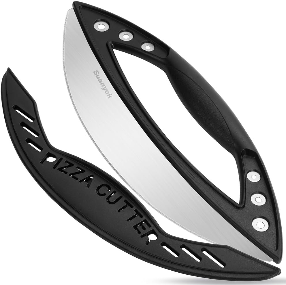 Suanyok Premium Pizza Cutter Rocker Blade with Cover, 12" Stainless Steel Large Wheel Slicer-Food Vegetable Chopper Kitchen Gadgets, Black - Product Image