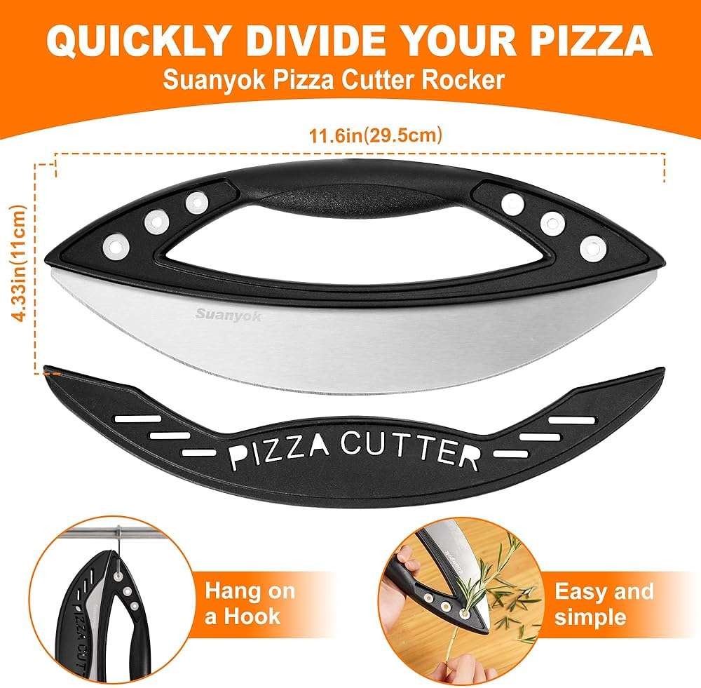 Suanyok Premium Pizza Cutter Rocker Blade with Cover, 12" Stainless Steel Large Wheel Slicer-Food Vegetable Chopper Kitchen Gadgets, Black - Image 2