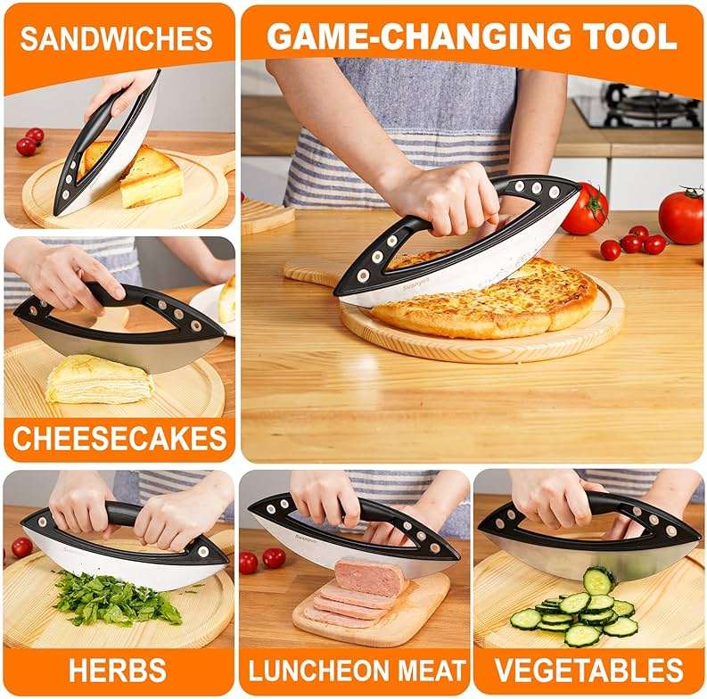 Suanyok Premium Pizza Cutter Rocker Blade with Cover, 12" Stainless Steel Large Wheel Slicer-Food Vegetable Chopper Kitchen Gadgets, Black - Image 3