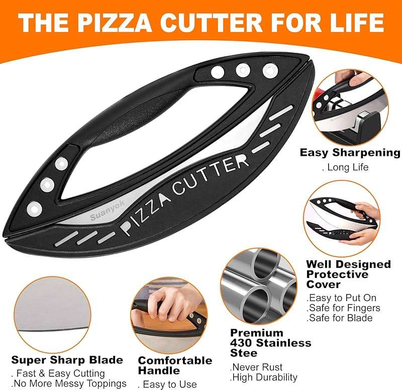 Suanyok Premium Pizza Cutter Rocker Blade with Cover, 12" Stainless Steel Large Wheel Slicer-Food Vegetable Chopper Kitchen Gadgets, Black - Image 4
