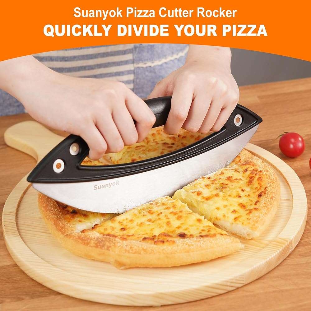 Suanyok Premium Pizza Cutter Rocker Blade with Cover, 12" Stainless Steel Large Wheel Slicer-Food Vegetable Chopper Kitchen Gadgets, Black - Image 5