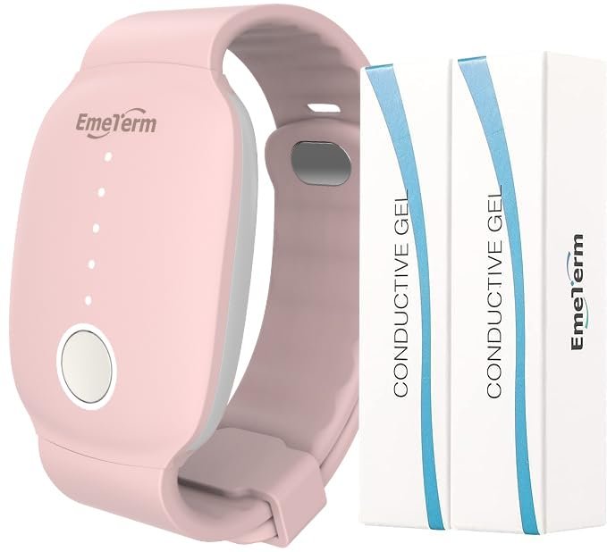 EmeTerm Fashion Pink Anti-Nausea Wristband Relieve Morning Motion Travel Sickness Rechargeable Drug Free Bands without Side Effects - Extra 2pack Conductive Gel - Product Image
