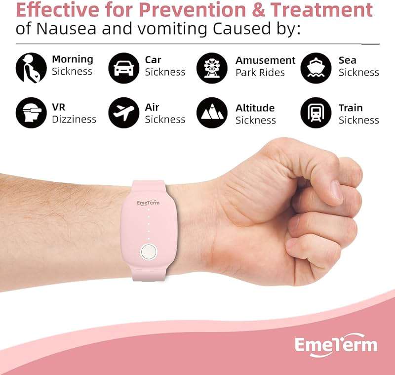EmeTerm Fashion Pink Anti-Nausea Wristband Relieve Morning Motion Travel Sickness Rechargeable Drug Free Bands without Side Effects - Extra 2pack Conductive Gel - Image 2