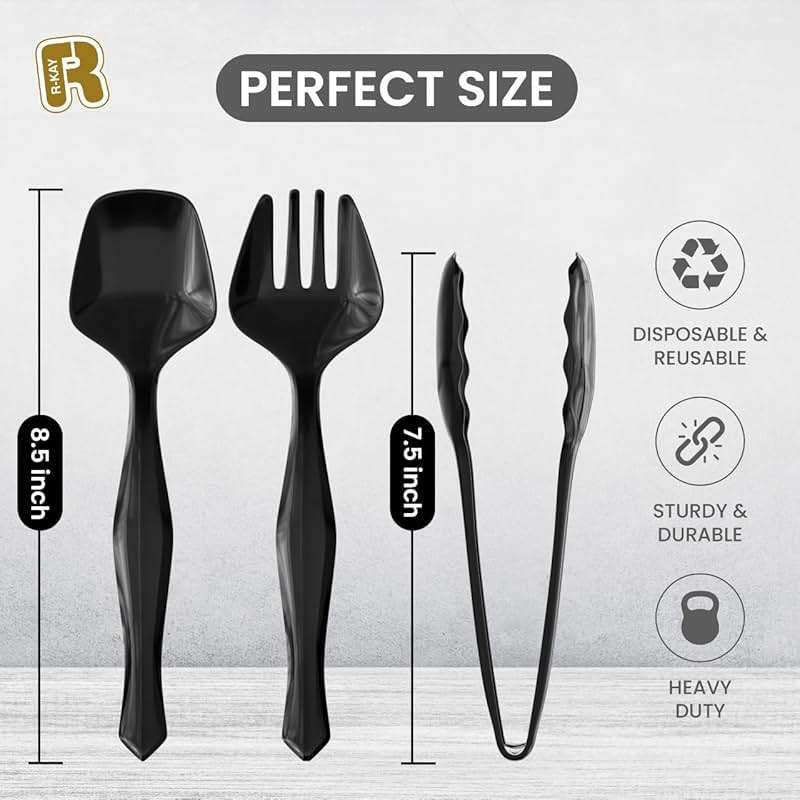 18 Pcs Black Plastic Serving Utensils Set - 6 Black Plastic Serving Spoons, 6 Black Tongs And 6 Forks - Heavy Duty Black Disposable Serving Utensils Set For Parties - Image 5