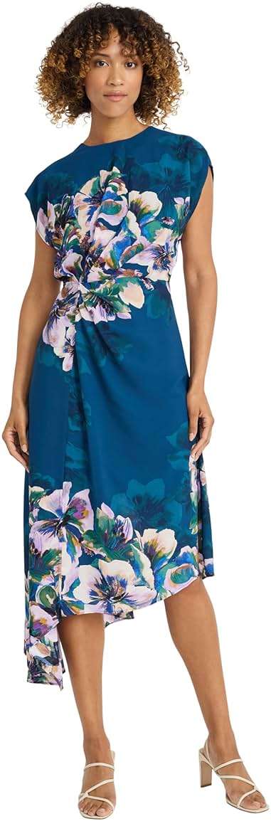 Maggy London Women's Floral Midi Dress for Women - Sleeveless with Ruched Waist, Asymmetric Ruffle Hem, Floral Dress for Women - Image 1