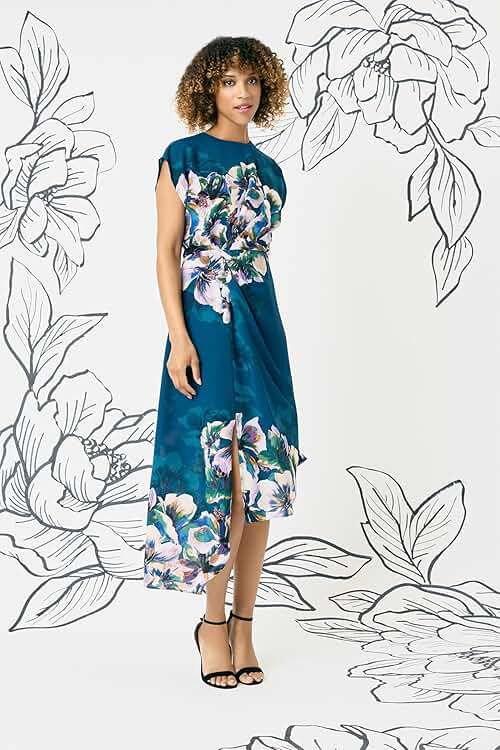 Maggy London Women's Floral Midi Dress for Women - Sleeveless with Ruched Waist, Asymmetric Ruffle Hem, Floral Dress for Women - Image 4