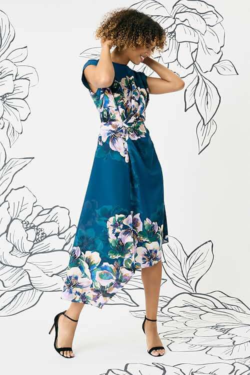 Maggy London Women's Floral Midi Dress for Women - Sleeveless with Ruched Waist, Asymmetric Ruffle Hem, Floral Dress for Women - Image 5