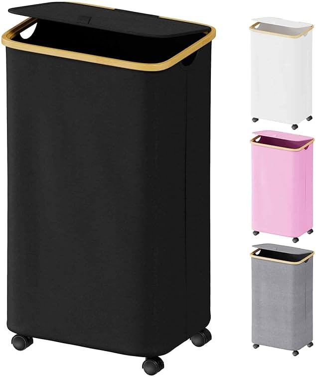 SUOCO Laundry Hamper on Wheels 100L, Clothes Basket with Lid and Bamboo Handles, Foldable Laundry Hamper for Bedroom, Bathroom, Dorm, Laundry Room - Black - Product Image