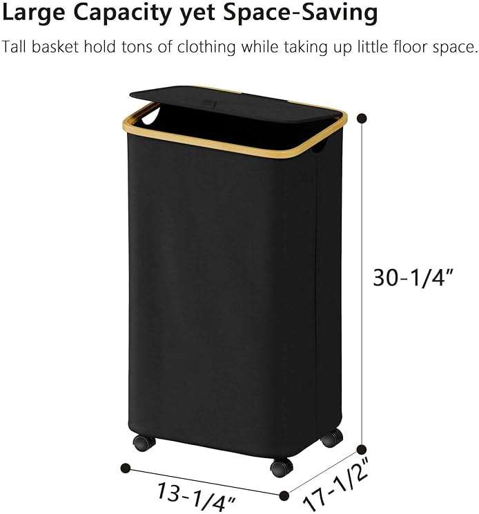 SUOCO Laundry Hamper on Wheels 100L, Clothes Basket with Lid and Bamboo Handles, Foldable Laundry Hamper for Bedroom, Bathroom, Dorm, Laundry Room - Black - Image 3