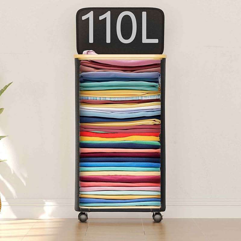 SUOCO Laundry Hamper on Wheels 100L, Clothes Basket with Lid and Bamboo Handles, Foldable Laundry Hamper for Bedroom, Bathroom, Dorm, Laundry Room - Black - Image 4