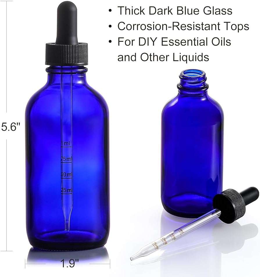 4 Pack 4oz Glass Dropper Bottles with Measured Dropper - 120ml Dark Blue Tincture Bottles with Calibrated Glass Eye Droppers (1ml), Leakproof Essential Oils Bottles for Health, Personal Care & Beauty - Image 3