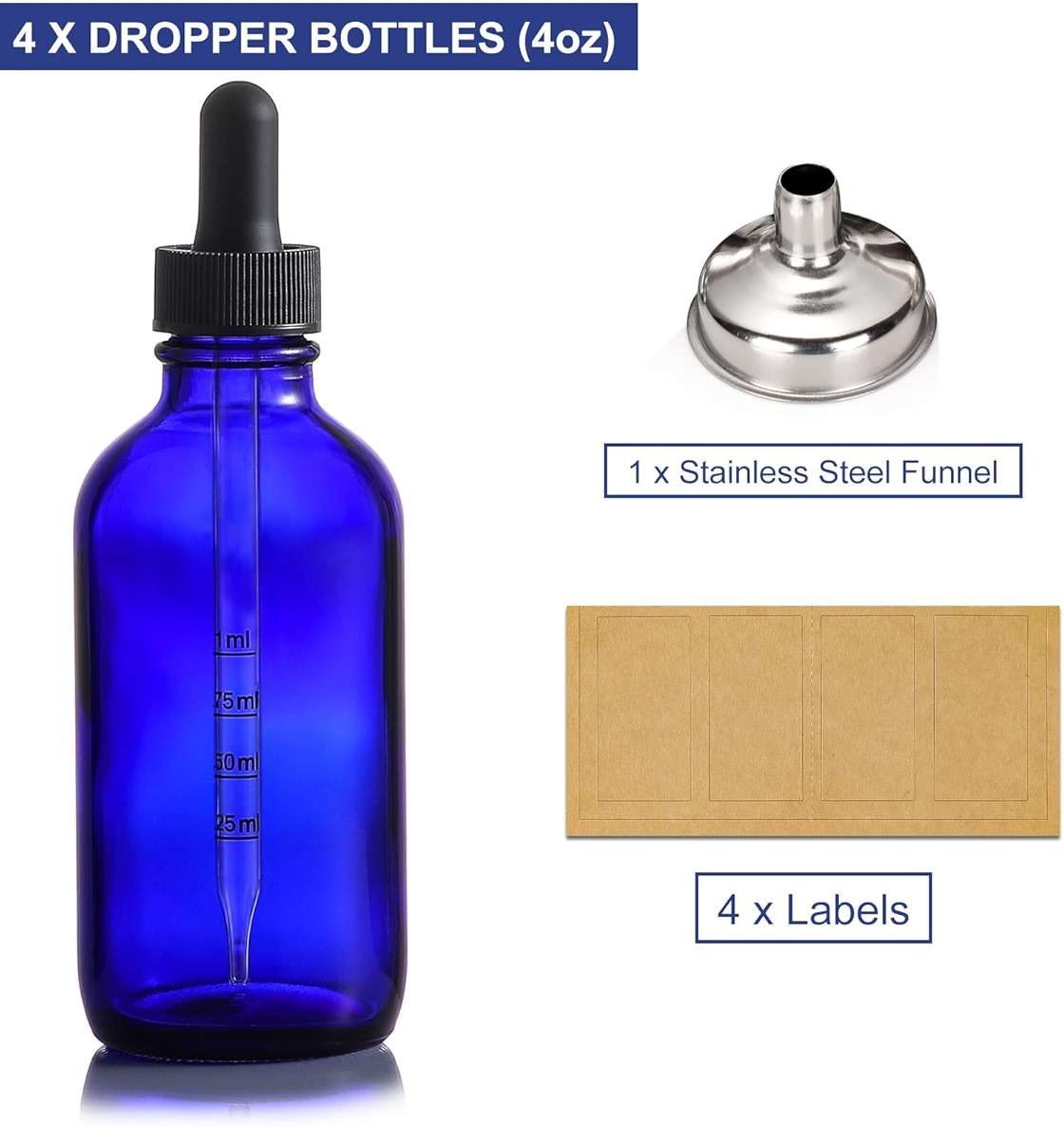 4 Pack 4oz Glass Dropper Bottles with Measured Dropper - 120ml Dark Blue Tincture Bottles with Calibrated Glass Eye Droppers (1ml), Leakproof Essential Oils Bottles for Health, Personal Care & Beauty - Image 4
