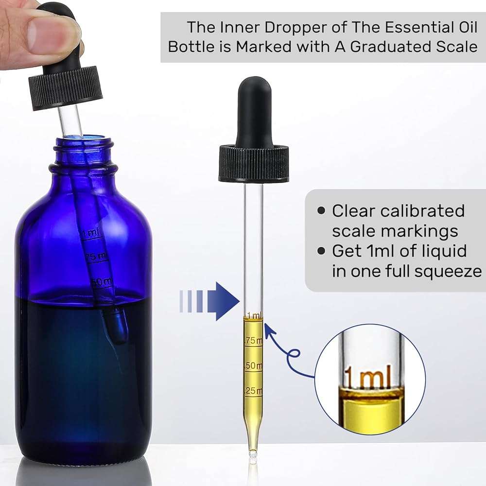 4 Pack 4oz Glass Dropper Bottles with Measured Dropper - 120ml Dark Blue Tincture Bottles with Calibrated Glass Eye Droppers (1ml), Leakproof Essential Oils Bottles for Health, Personal Care & Beauty - Image 5