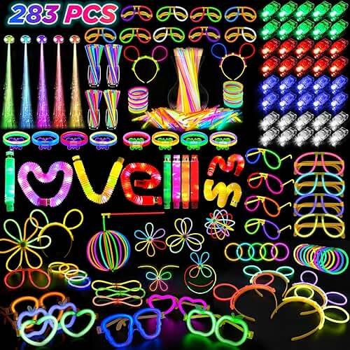 SHQDD Party Supplies, Glow in the Dark Party Favors for Adults Kids, 27 Carnival Accessories, 56 LED Light Up Toys Bulk, 100 Glow Sticks Party Pack, Neon Party Supplies & Decorations - Product Image