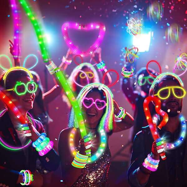 SHQDD Party Supplies, Glow in the Dark Party Favors for Adults Kids, 27 Carnival Accessories, 56 LED Light Up Toys Bulk, 100 Glow Sticks Party Pack, Neon Party Supplies & Decorations - Image 2