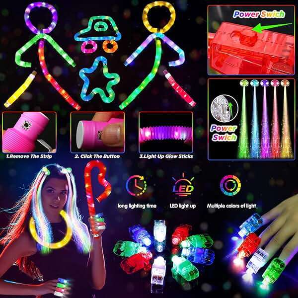 SHQDD Party Supplies, Glow in the Dark Party Favors for Adults Kids, 27 Carnival Accessories, 56 LED Light Up Toys Bulk, 100 Glow Sticks Party Pack, Neon Party Supplies & Decorations - Image 4