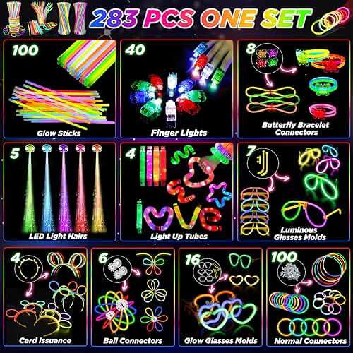 SHQDD Party Supplies, Glow in the Dark Party Favors for Adults Kids, 27 Carnival Accessories, 56 LED Light Up Toys Bulk, 100 Glow Sticks Party Pack, Neon Party Supplies & Decorations - Image 6