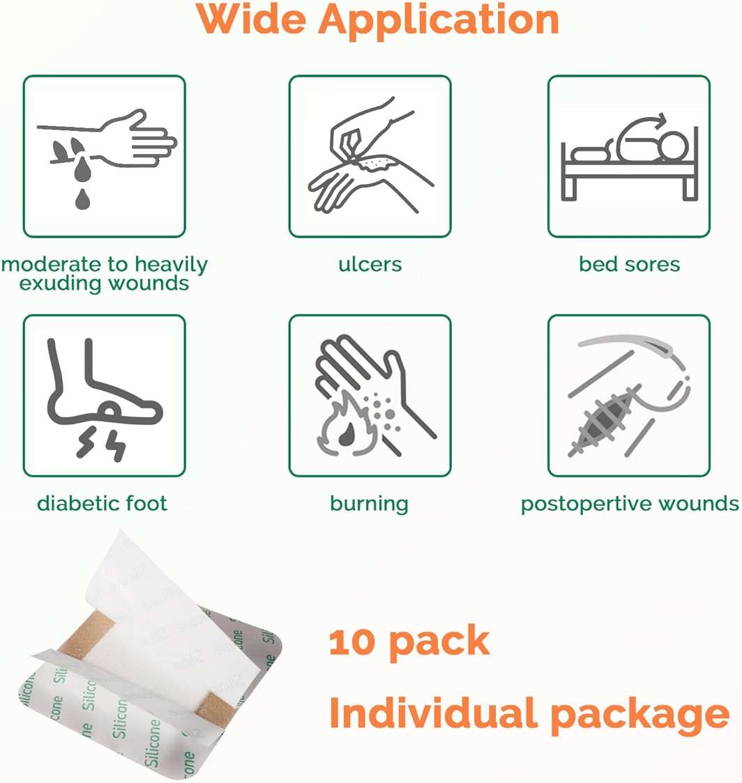 Silicone Foam Dressing 3x3 Inch with Border 10 Packs Adhesive Waterproof Wound Dressing Bandages for Wound Care High Absorbency Foam Pad Bandaid - Image 4