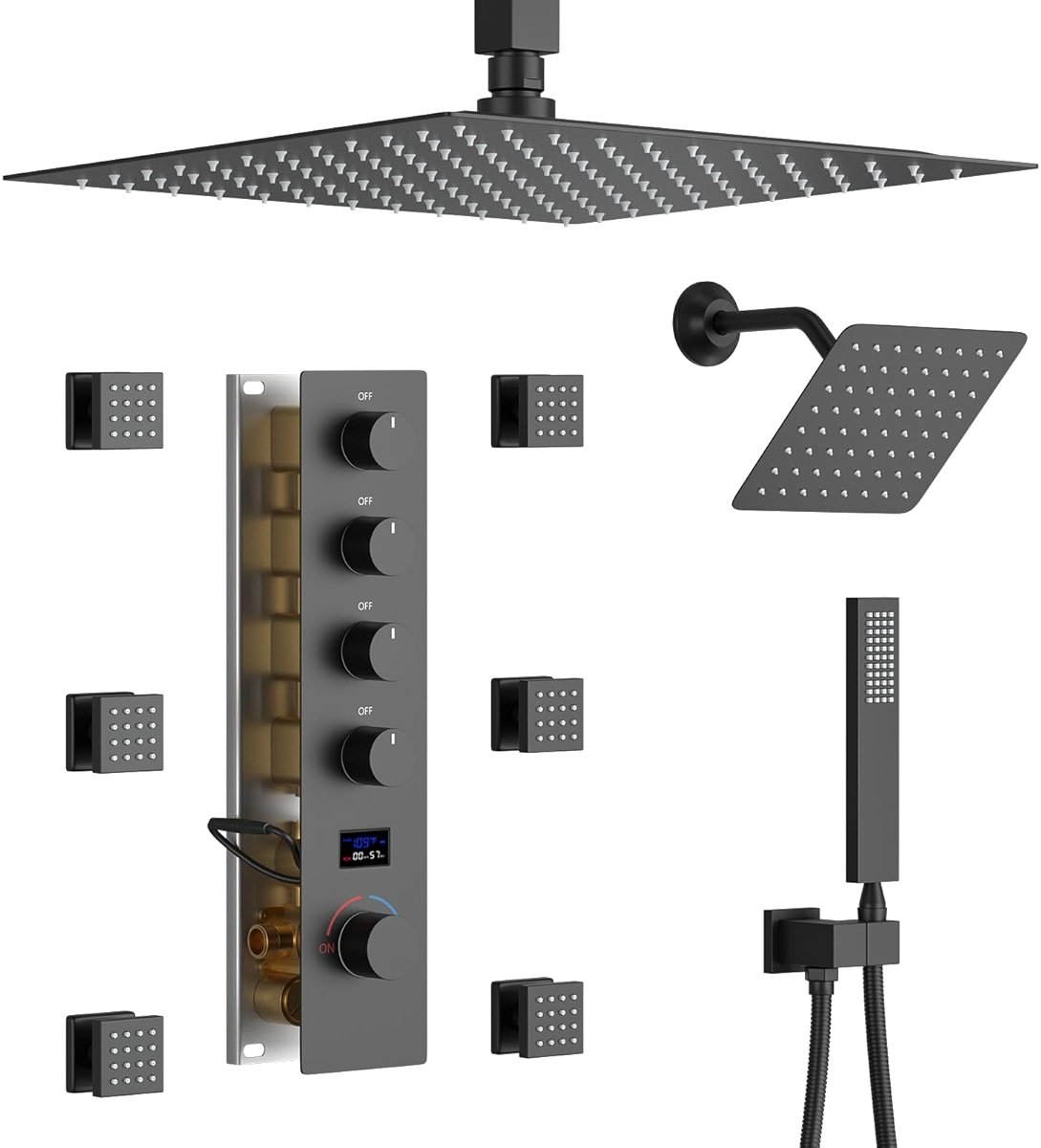KATAIS Matte Black Shower System Tempreature Display Shower Faucet Set with 12 inch Ceiling Mount and 8 inch Wall Mount Shower Head, with 6 PCS Body Jet, Handheld Spray - Product Image