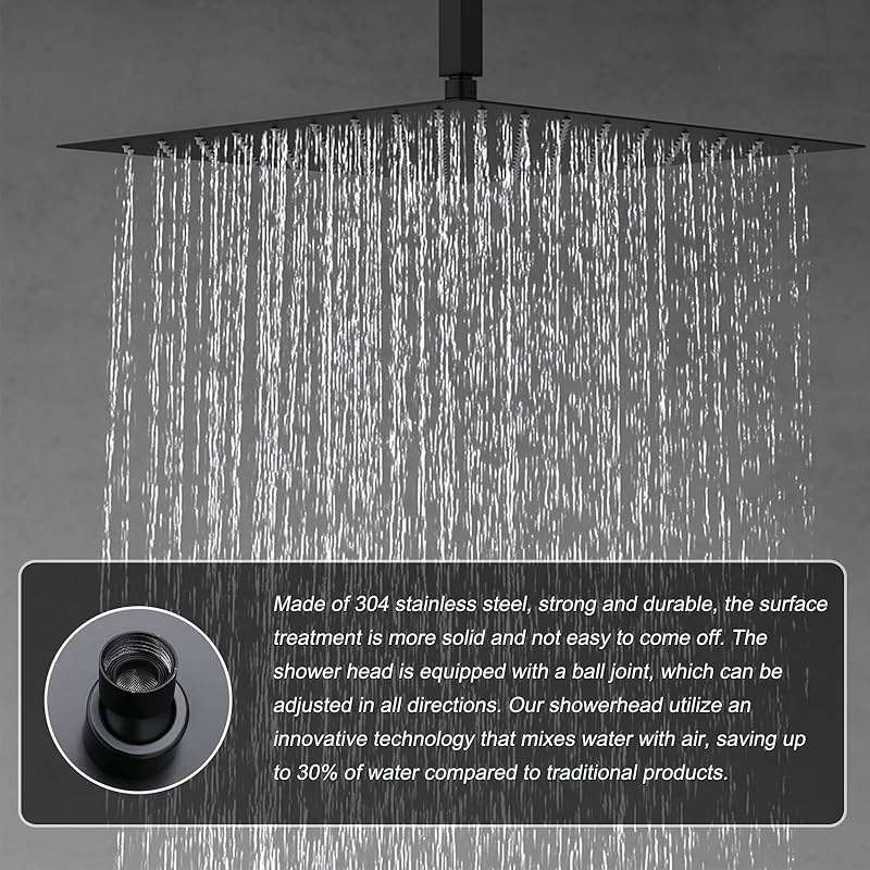 KATAIS Matte Black Shower System Tempreature Display Shower Faucet Set with 12 inch Ceiling Mount and 8 inch Wall Mount Shower Head, with 6 PCS Body Jet, Handheld Spray - Image 3