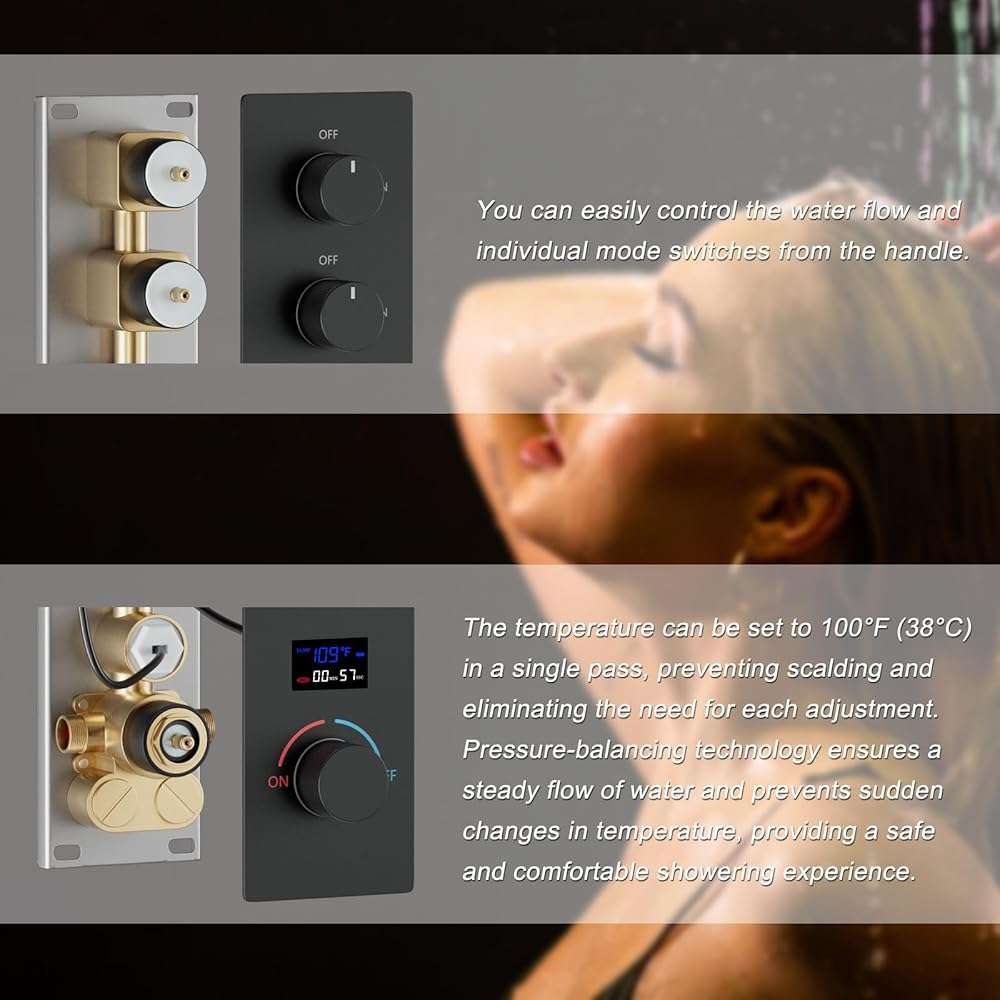 KATAIS Matte Black Shower System Tempreature Display Shower Faucet Set with 12 inch Ceiling Mount and 8 inch Wall Mount Shower Head, with 6 PCS Body Jet, Handheld Spray - Image 8