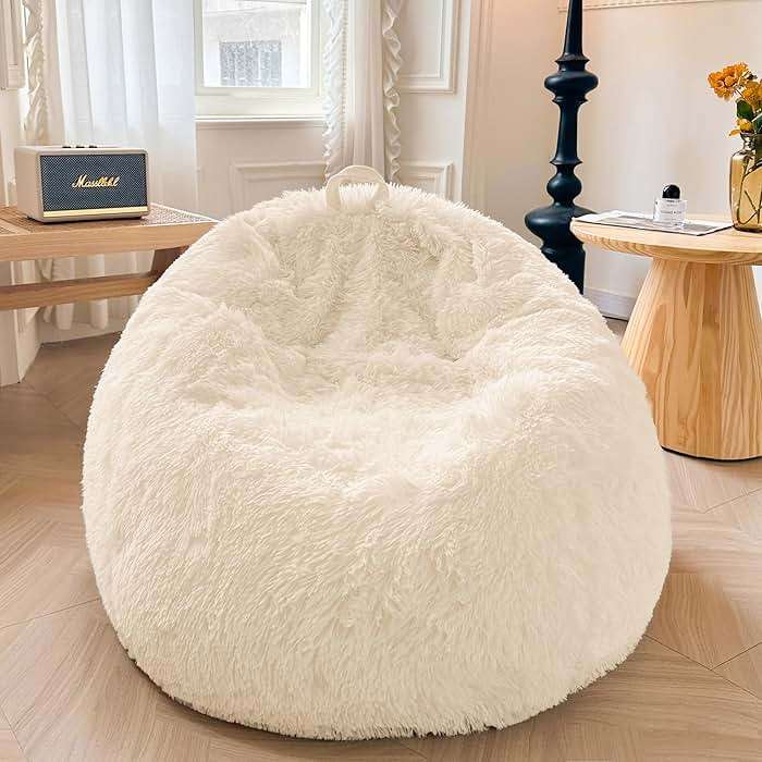XeGe Fluffy Stuffed Animal Storage Bean Bag Chair Cover(No Filler), Washable Soft Bean Bag Cover for Plush Toys or Textile, Plush Shaggy Large Bean Bag for Adults Kids Teens, Beige - Image 1