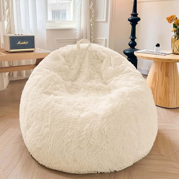 XeGe Fluffy Stuffed Animal Storage Bean Bag Chair Cover(No Filler), Washable Soft Bean Bag Cover for Plush Toys or Textile, Plush Shaggy Large Bean Bag for Adults Kids Teens, Beige - Product Image