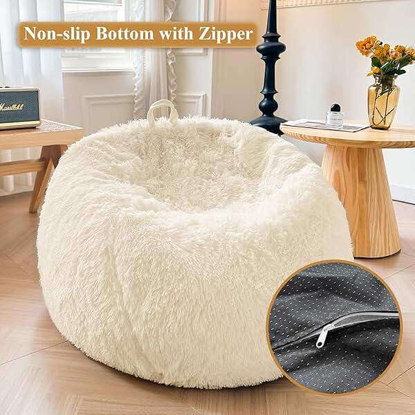 XeGe Fluffy Stuffed Animal Storage Bean Bag Chair Cover(No Filler), Washable Soft Bean Bag Cover for Plush Toys or Textile, Plush Shaggy Large Bean Bag for Adults Kids Teens, Beige - Image 4