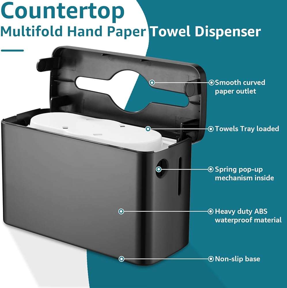 Multifold Paper Towel Dispenser Countertop, Heavy Duty Wide-Design, 300-Sheet Large Capacity Black Paper Towel Holder, Compatible with Tork, AmazonCommercial, Kleenex, Scott, Pacific Multifold Towels | Heavy Duty, Wide Design, Large Capacity, Non-Slip Base - Image 6
