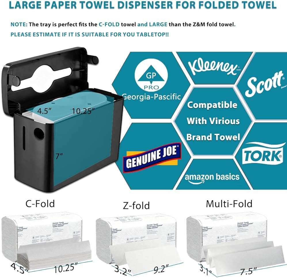 Multifold Paper Towel Dispenser Countertop, Heavy Duty Wide-Design, 300-Sheet Large Capacity Black Paper Towel Holder, Compatible with Tork, AmazonCommercial, Kleenex, Scott, Pacific Multifold Towels | Heavy Duty, Wide Design, Large Capacity, Non-Slip Base - Image 9
