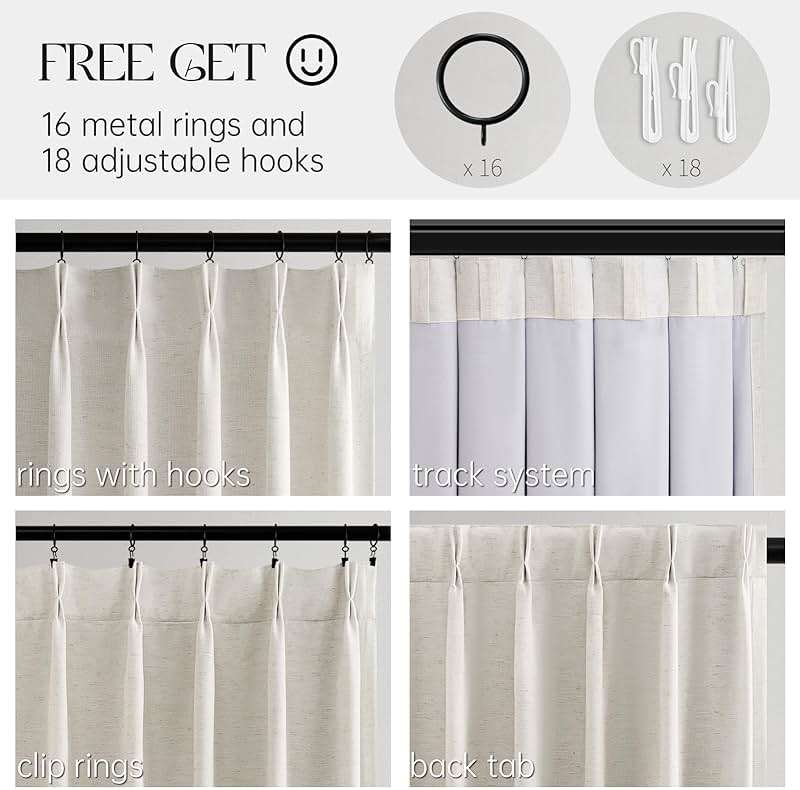 Topfinel 96 Inches Long Pinch Pleated 100% Blackout Curtains,Thermal Insulated Natural Linen Pinch Pleat Viral Drapes with Hooks Rings 2 Panel Sets,Neutral Beige Ivory 8FT Back Tab Window Curtains - Image 3