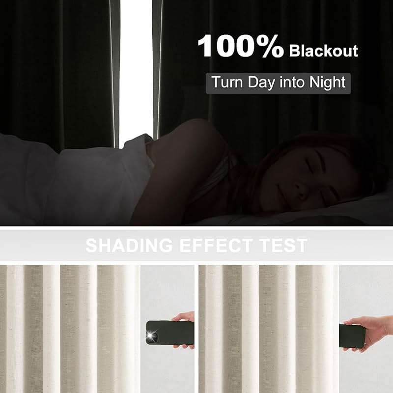 Topfinel 96 Inches Long Pinch Pleated 100% Blackout Curtains,Thermal Insulated Natural Linen Pinch Pleat Viral Drapes with Hooks Rings 2 Panel Sets,Neutral Beige Ivory 8FT Back Tab Window Curtains - Image 5