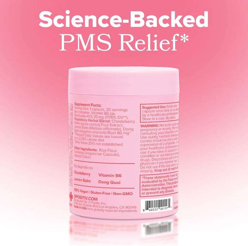 O Positiv FLO PMS Vitamins for Women, 30 Servings (Pack of 1) - Proactive PMS Relief - Targets Hormonal Breakouts, Bloating, Cramps, & Mood Swings with Chasteberry, Vitamin B6, & Lemon Balm - Image 8