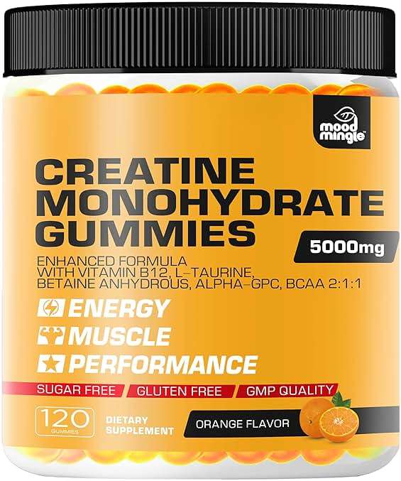Mood Mingle Creatine Monohydrate Gummies 5g for Men Women - Sugar Free Chewable Vegan Supplement - Enhanced Formula with Vitamin B12 L-Taurine Betaine Anhydrous Alpha-GPC BCAA 2:1:1 - Image 1