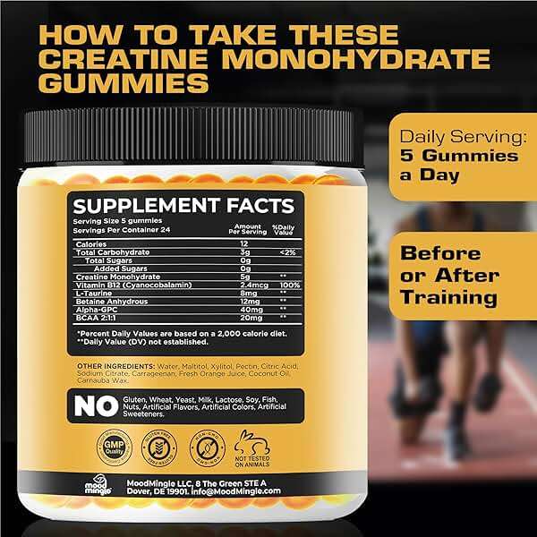 Mood Mingle Creatine Monohydrate Gummies 5g for Men Women - Sugar Free Chewable Vegan Supplement - Enhanced Formula with Vitamin B12 L-Taurine Betaine Anhydrous Alpha-GPC BCAA 2:1:1 - Image 7