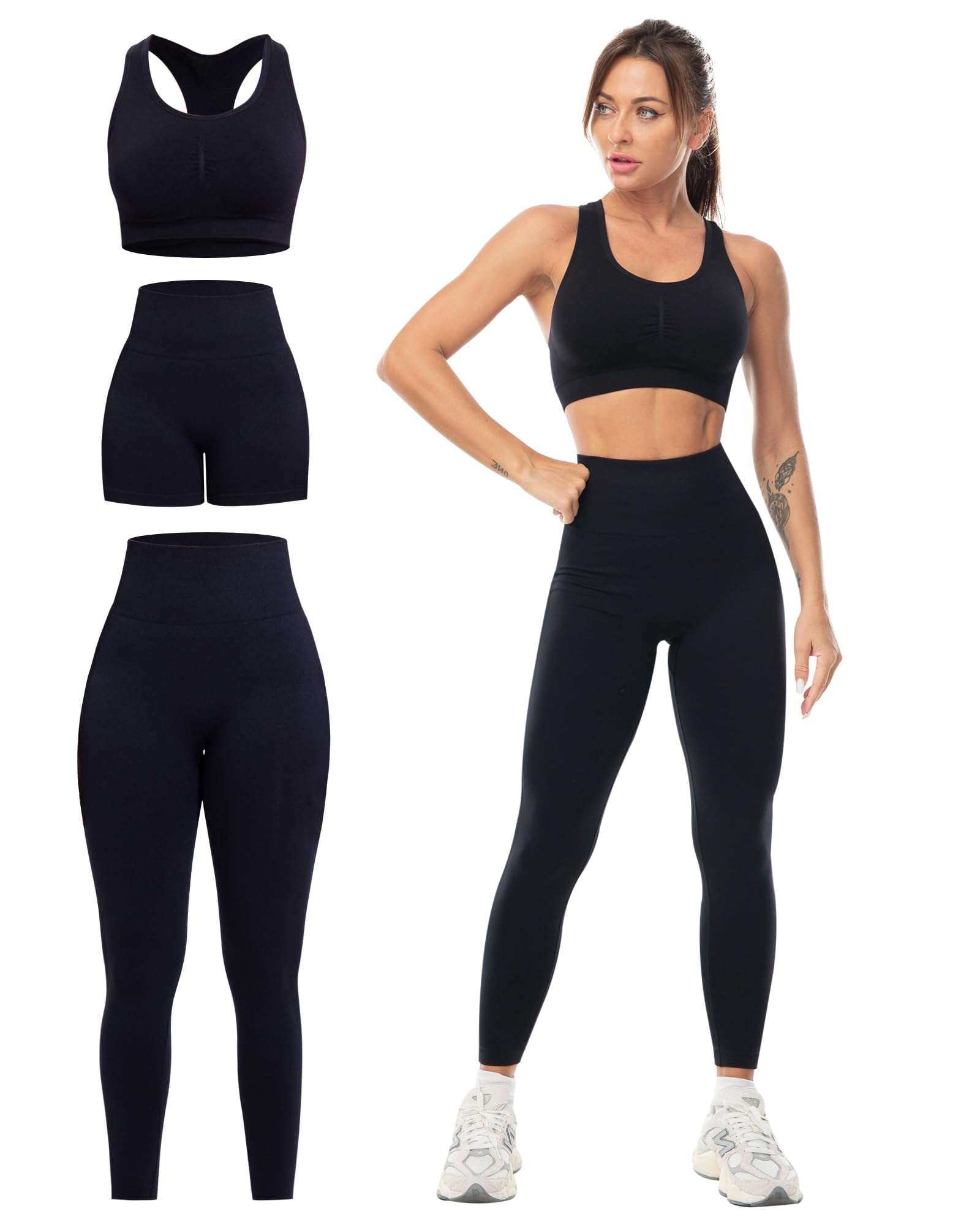 SALSPOR 3 Piece Workout Sets for Women Butt Lifting Leggings with High Impact Sports Bra Gym Shorts - Image 1