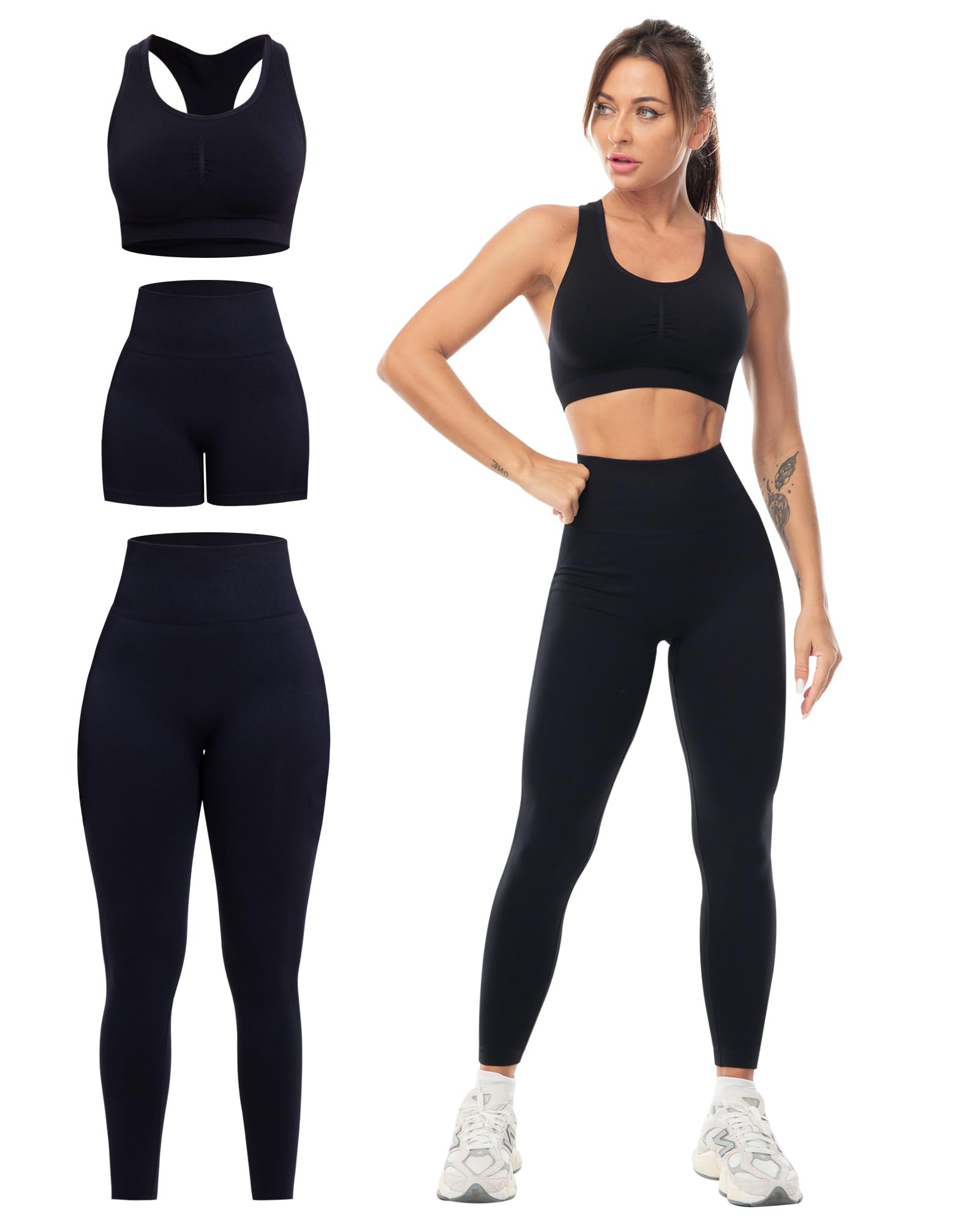 SALSPOR 3 Piece Workout Sets for Women Butt Lifting Leggings with High Impact Sports Bra Gym Shorts - Product Image