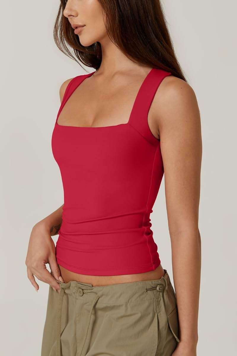 QINSEN Women's Square Neck Sleeveless Double-Layer Tank Tops Basic Tight T Shirts - Image 2