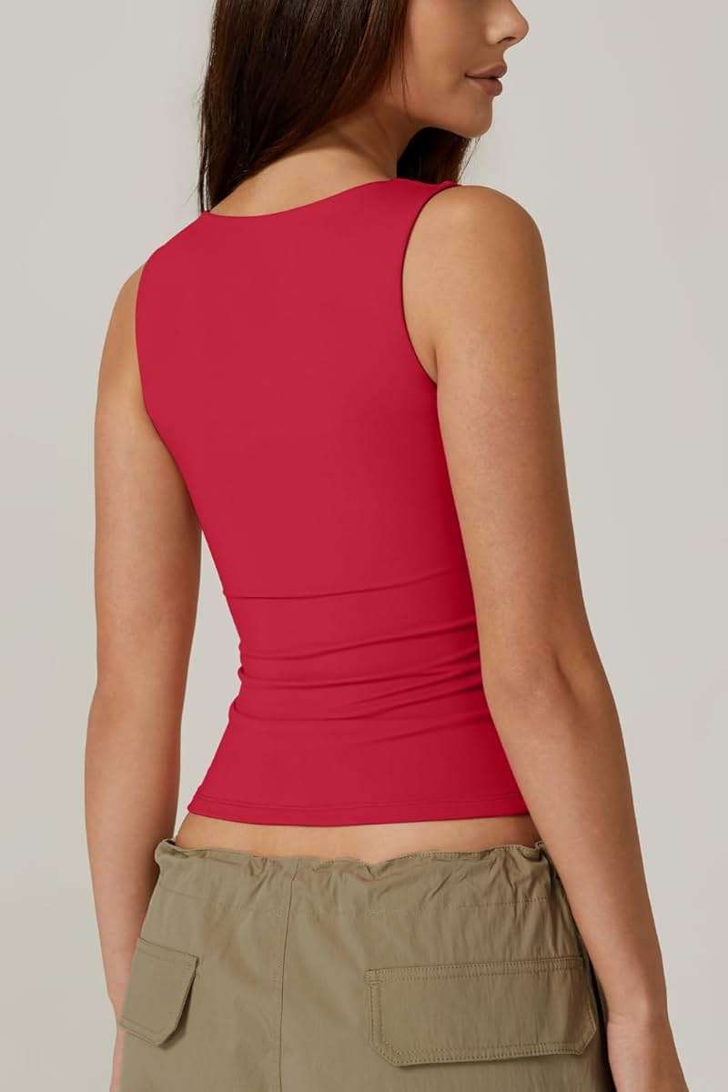 QINSEN Women's Square Neck Sleeveless Double-Layer Tank Tops Basic Tight T Shirts - Image 4