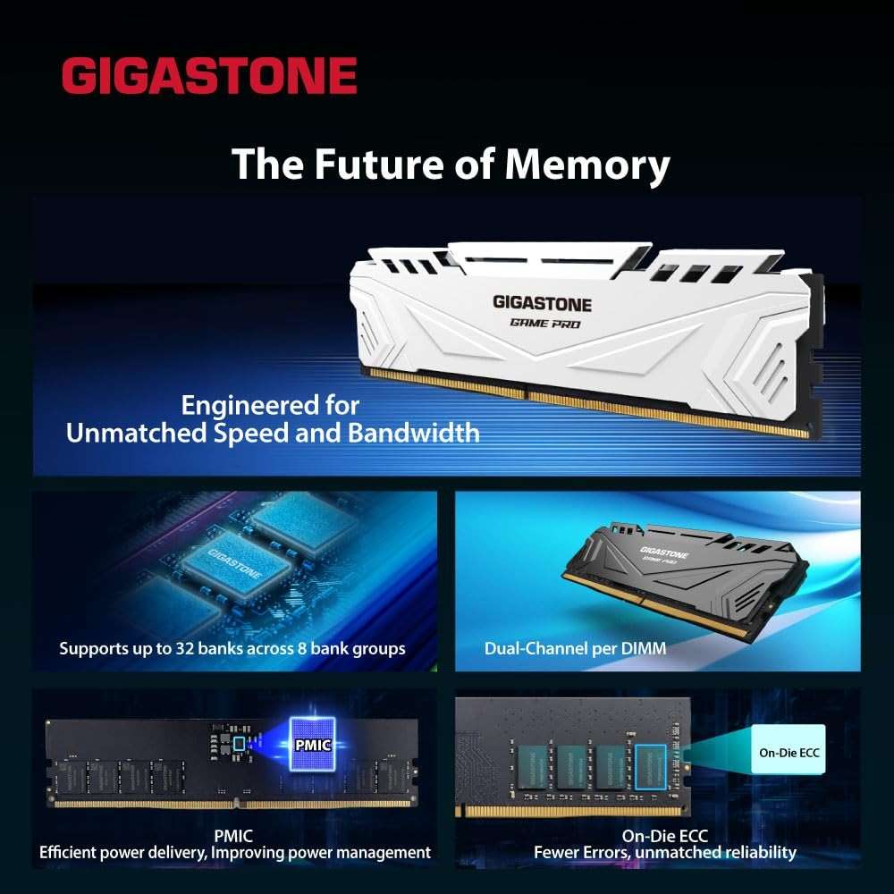 【DDR5 RAM】 GIGASTONE Game PRO 32GB Kit (2x16GB) DDR5 6000MHz PC5-48000 CL40-40-40-76 Intel XMP 3.0 AMD Expo 1.3V UDIMM 288 Pin Unbuffered Non ECC High Performance Gaming Desktop Memory - White - Image 4