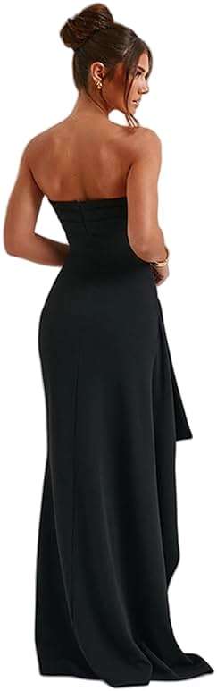 Women's Sexy Strapless Backless High Split Long Maxi Dress Ruched Off Shoulder Sleeveless Bodycon Party Cocktail Dresses - Image 4