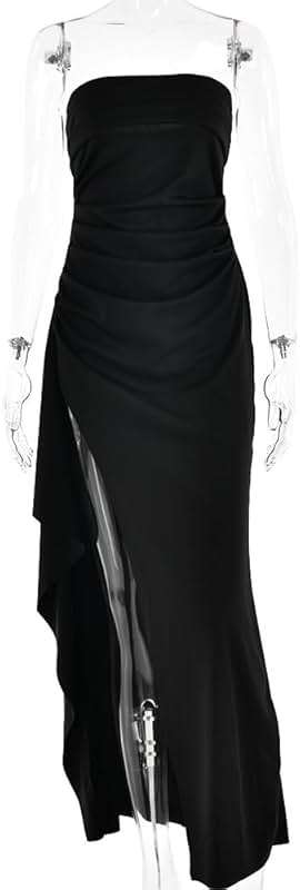Women's Sexy Strapless Backless High Split Long Maxi Dress Ruched Off Shoulder Sleeveless Bodycon Party Cocktail Dresses - Image 6