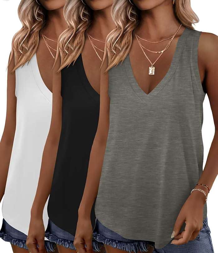 KKJ 3 Pack Womens Tank Tops 2026 Summer Vacation Outfits V Neck Loose Fit Sleeveless Casual Shirts Fashion Clothes - Image 1