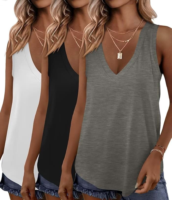 KKJ 3 Pack Womens Tank Tops 2026 Summer Vacation Outfits V Neck Loose Fit Sleeveless Casual Shirts Fashion Clothes - Product Image